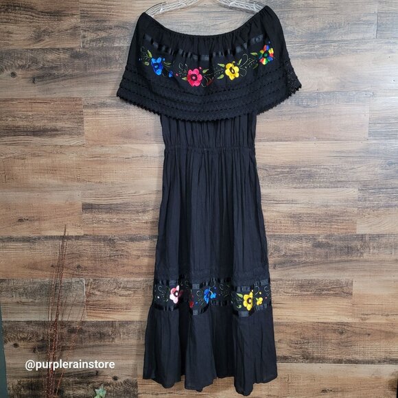 Vtg Jasbel Textile Maxi Dress L Floral Embroidered Lace Satin Trim South Western - Picture 1 of 12